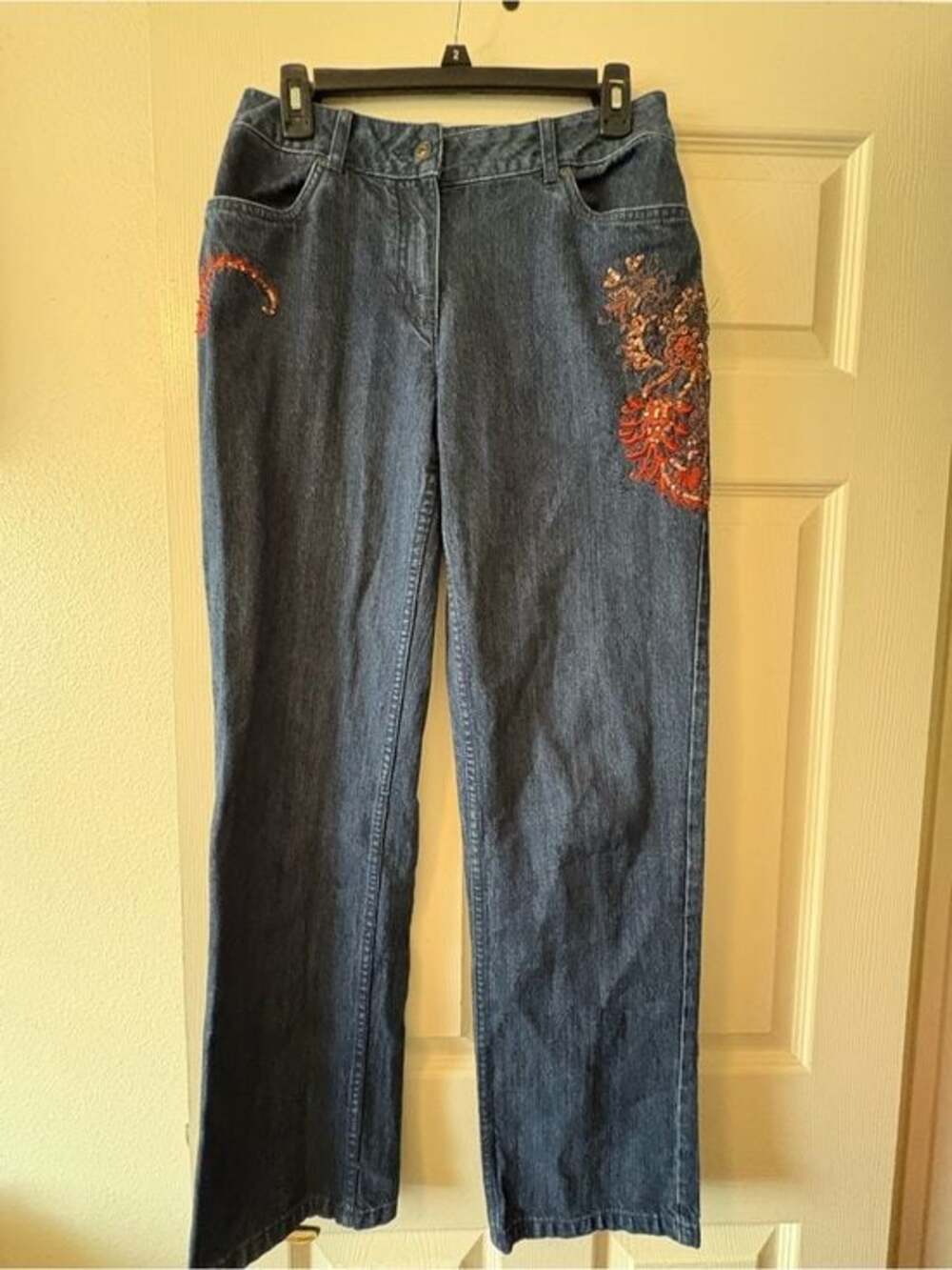 croft & barrow Dark Blue Straight-Leg Jeans with Orange Floral Embroidery Size 6